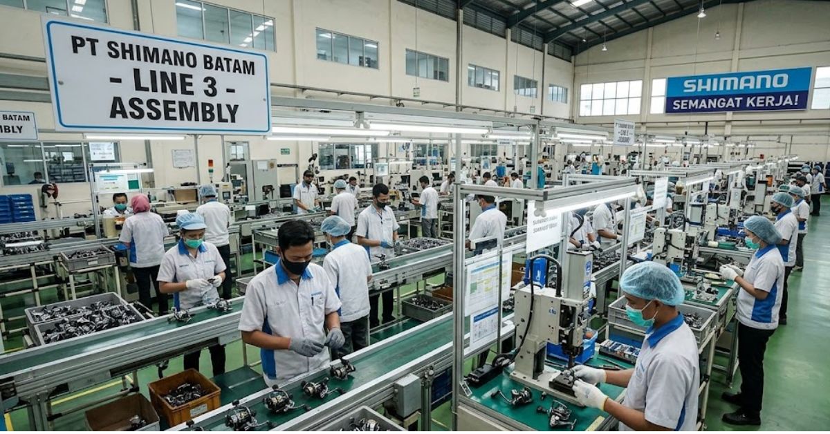 Pabrik PT Shimano Batam dengan aktivitas produksi karyawan - Gimini AI